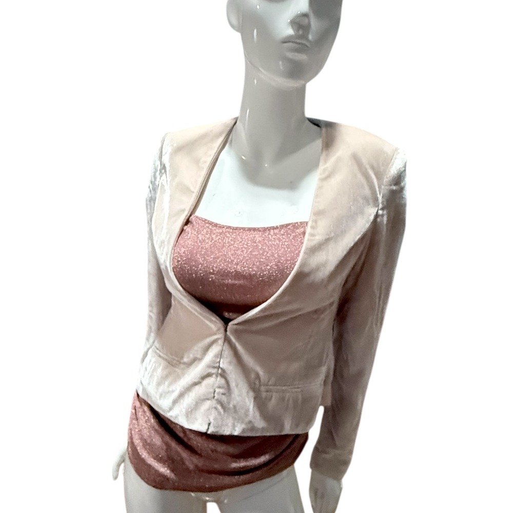 London Jean‎ Velvet Blazer Pink Open Front Cropped Jacket Women Size 8 fairy